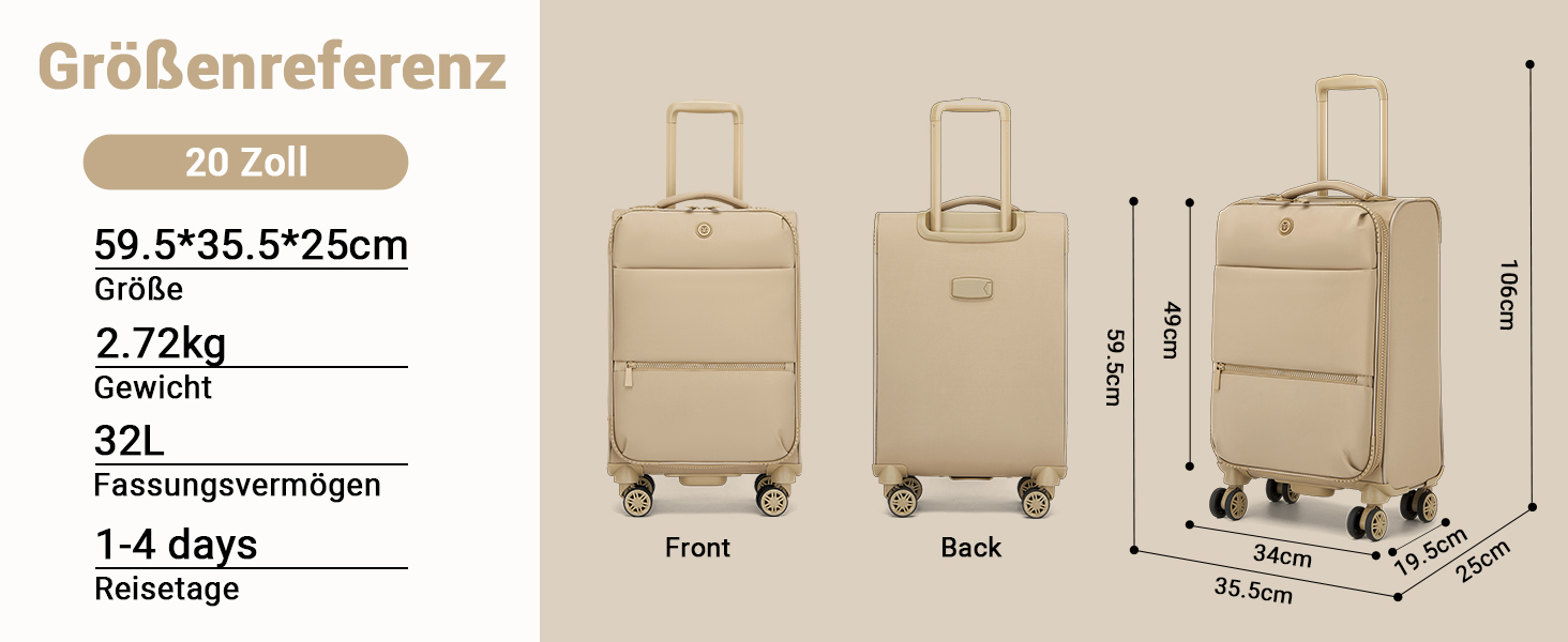 Чемодан Miss Lulu ручної об'єм, 59.5 x 36.5 x 25 см, зелений, з відділенням для мокрого/сухого, на 4 колесах, для коротких поїздок та ділових подорожей