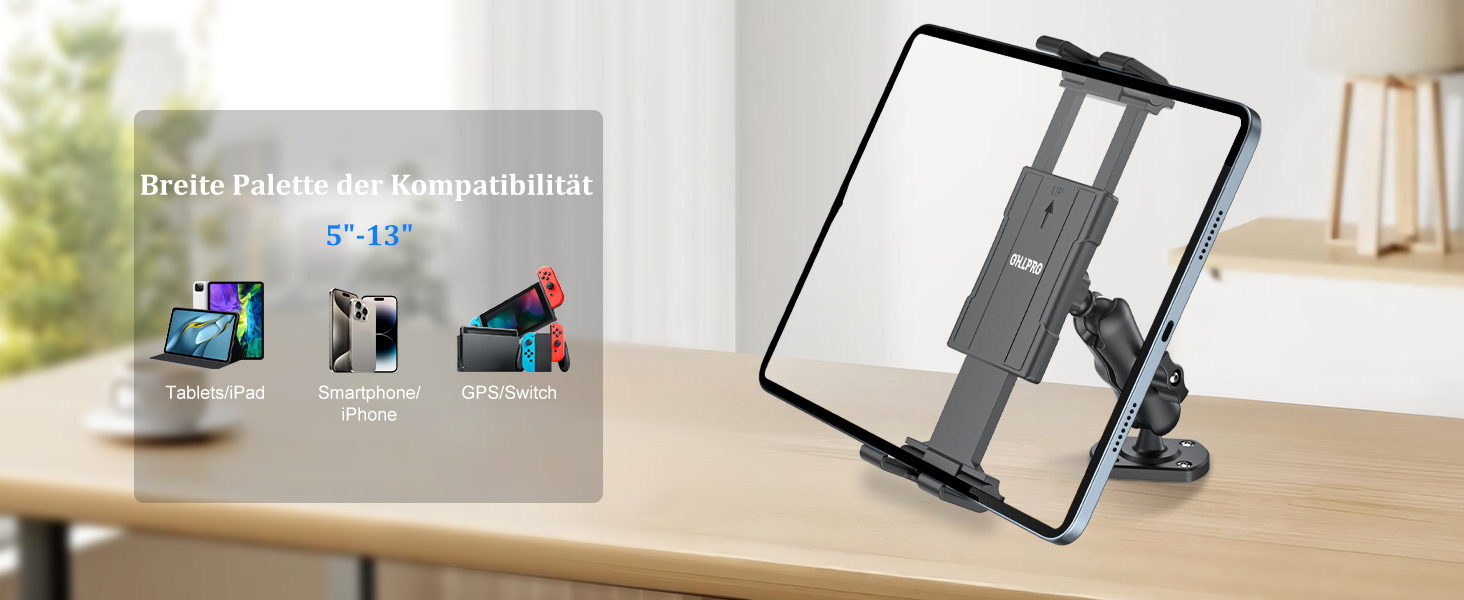 Автомобільний тримач для планшета та смартфона OHLPRO, універсальний кронштейн на присосці для лобового скла та торпедо, поворот на 360°, висувний рукав 18 см, підходить для пристроїв від 4.7 до 13 дюймів