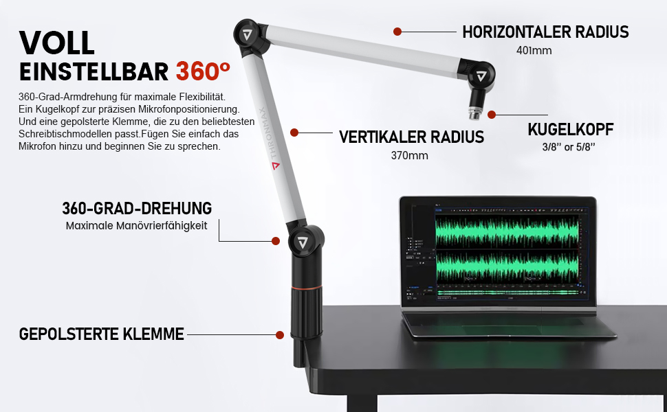 Підставка для мікрофона THRONMAX S5, гальген-тип, регульована, поворотна на 360°, срібна