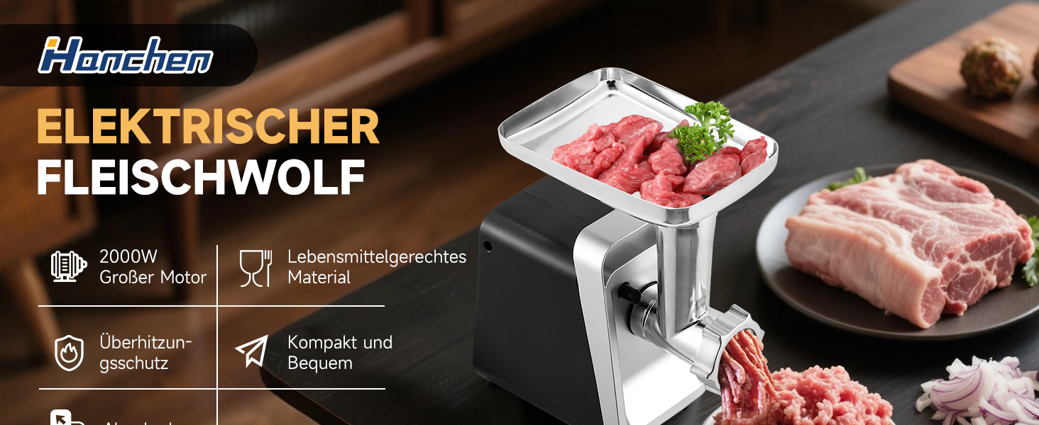 М'ясорубка електрична Hanchen 4-в-1 з насадками для ковбас та печива, 3 диски (3.5/5/7 мм), нержавіюча сталь