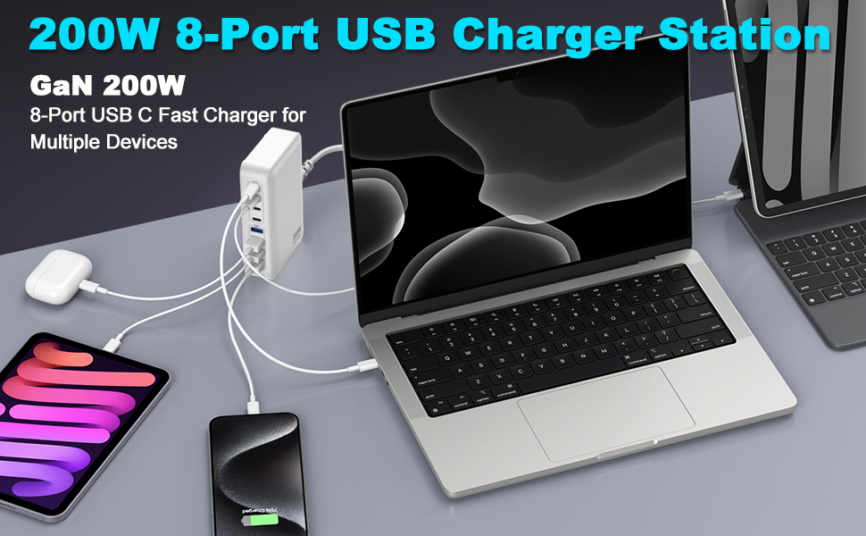 Зарядний пристрій USB-C 200W, 8 портів, GaN адаптер для MacBook Air/iPad/iPhone 15/16/Galaxy S23 - Білий