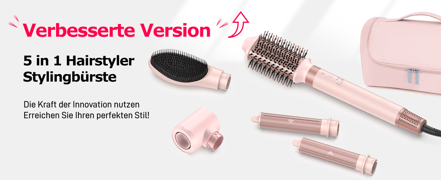MESCOMB Airstyler 5-в-1: Іонний фен та мультистайлер для волосся з насадками. Швидке сушіння, локони, об'єм, випрямлення. Без пошкодження волосся. З дорожньою сумкою. Рожевий колір