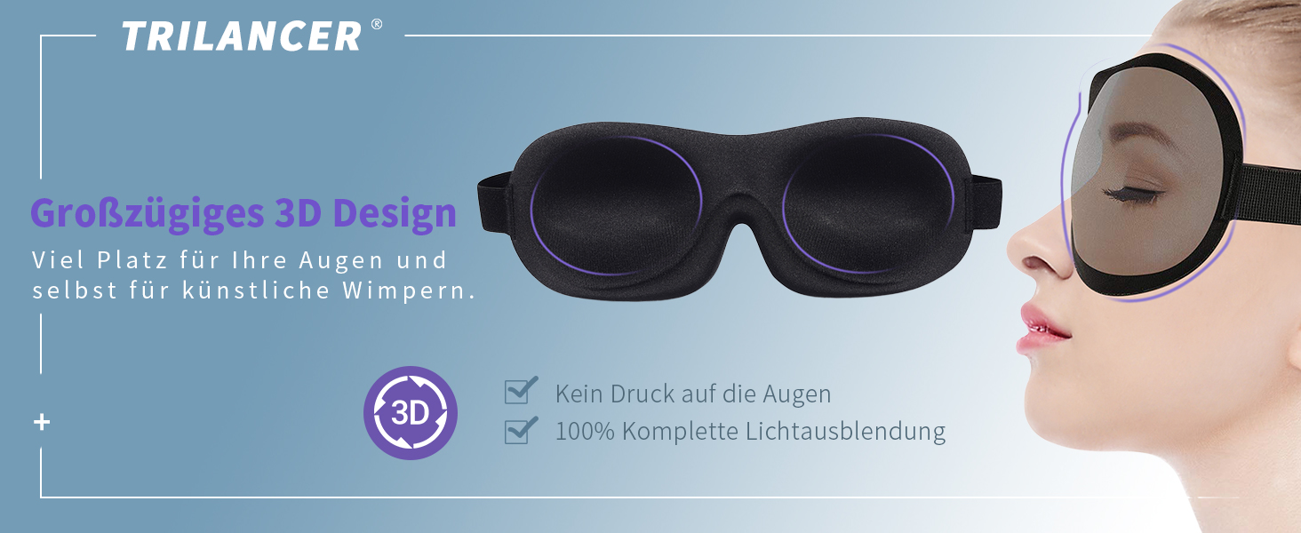 Маска для сну Trilancer 3D з Memory Foam та шумоізоляційними вкладами, для чоловіків та жінок | Абсолютна темрява