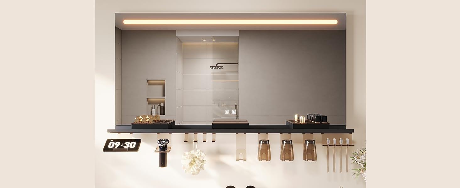 Дзеркало для ванної кімнати SONNI з підсвічуванням 120x60 см, 3 кольори світла, антизапар, годинник, температура, LED, сенсорне управління, білий (полиця 160л, темно-сірий + верхнє світло)