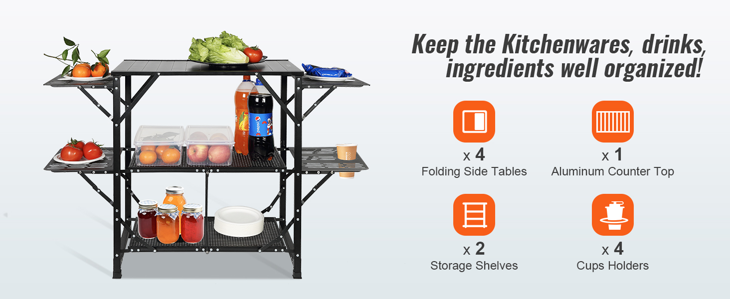 Стіл похідний VEVOR для кухні, алюмінієвий, складний, портативний, з 4 стінками та 2 полицями, з сумкою для перенесення. Для пікніка, грилю, кемпінгу.
