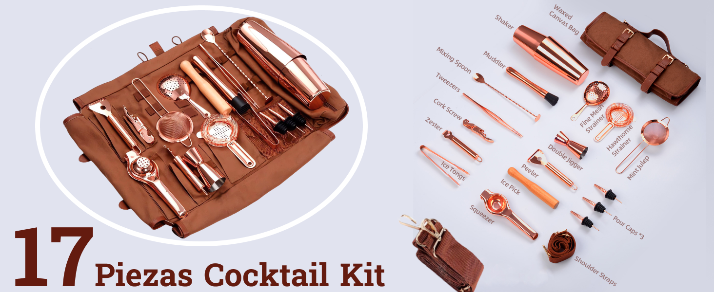 Набір бармена для подорожей: 17 предметів з міді, барний інструмент, шейкер для коктейлів, сумка-чохол, для барменів, вечірок, кемпінгу