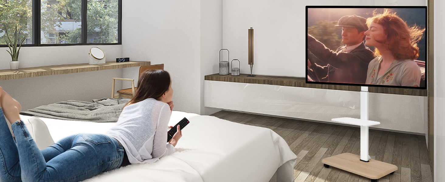 Мобільний ТВ-стіл Hellsehen для LED/LCD/OLED телевізорів 32-70 дюймів (до 45 кг), білий, з регулюванням висоти та блокованими колесами