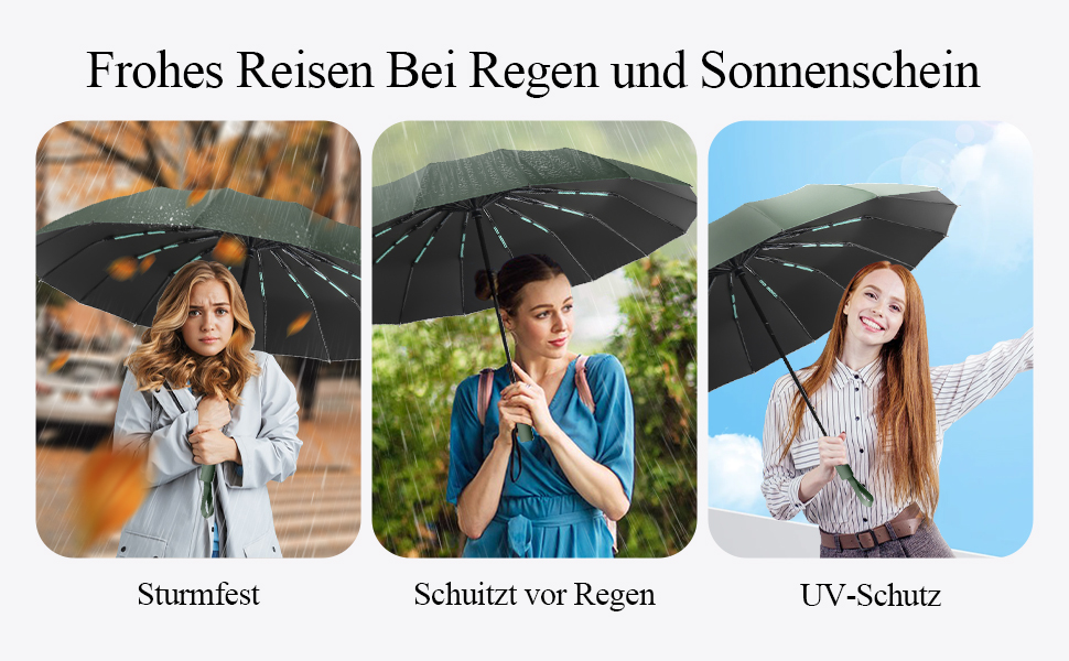 Стійкий до вітру парасолька-тростина, автоматичний, великий, з 16 ребрами, покриття Teflon 210T, захист від УФ-променів (зелений)