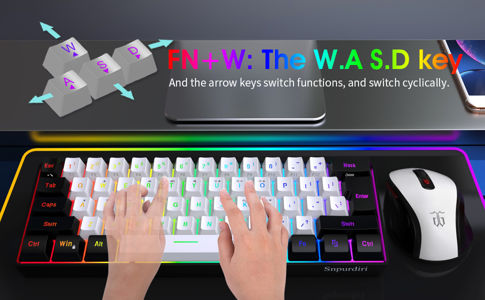 Бездротовий ігровий набір клавіатури та миші Snpurdiri 60% - Механічне відчуття, Ергономічний дизайн (Чорний/Білий)