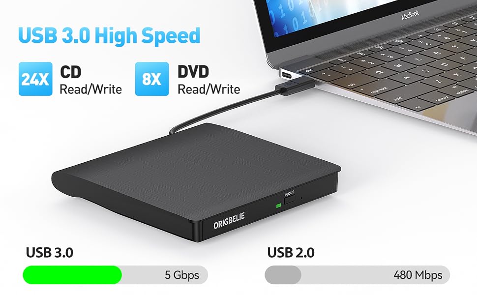 Зовнішній DVD-записувач ORIGBELIE USB 3.0, портативний CD-ROM привід +/-RW для ноутбука, ПК, MacBook, Windows, Linux