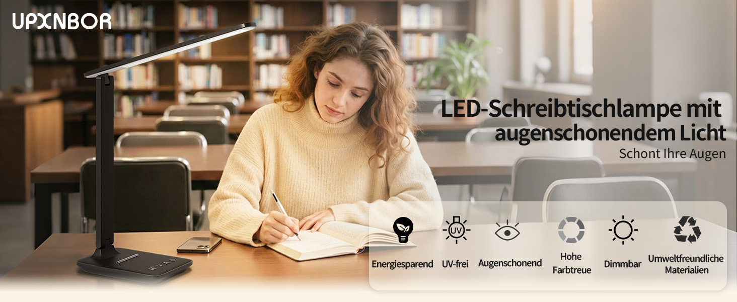 Стільна настільна LED лампа з регулюванням яскравості для офісу, читання та дому, чорна