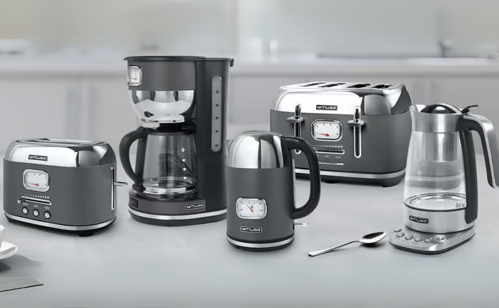 Тостер Muse MS-131 BC із нержавіючої сталі, ретро-дизайн, 4-х місний, 6 рівнів підсмажування, з підсвічуванням, з шухлядою для крихт (сірий)