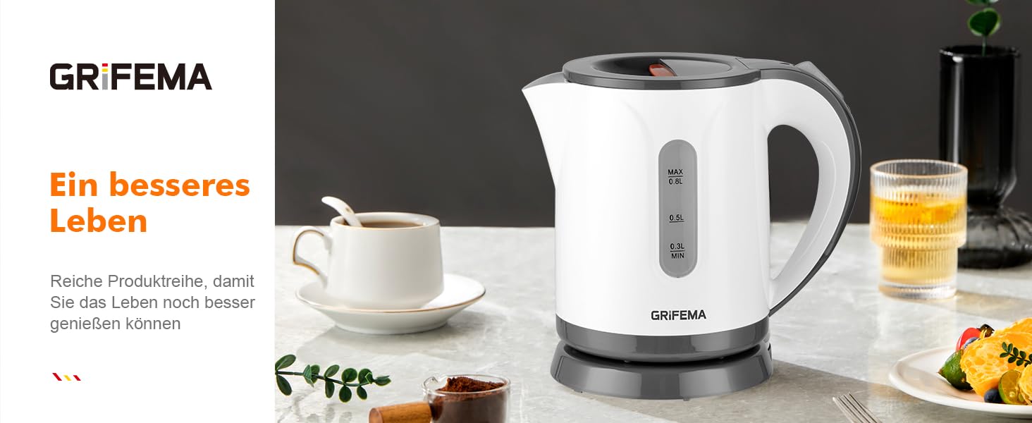 Електричний чайник GRIFEMA 0.8L, 1100W з фільтром від накипу, без BPA, автоматичне вимкнення, захист від перегріву, білий пластик