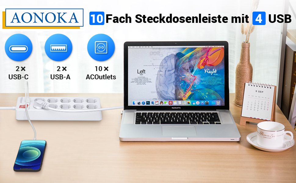 Мережевий фільтр 8 розеток з USB C, захист від перенапруги, адаптер з 2*USB A та 2*USB C, мережевий роз'єм для стіни з подвійним вимикачем, кабель 1.5м чорний (білий)