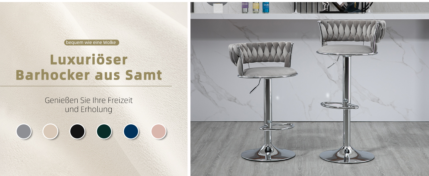 Adjustable Velvet Bar Stools 2-Pack with Backrest & Armrests - Ergonomic Swivel Bar Stools with Handwoven Velvet & Gold Legs for Kitchen Island, Bar, Restaurant - Includes Footrest (Silver, Grey)