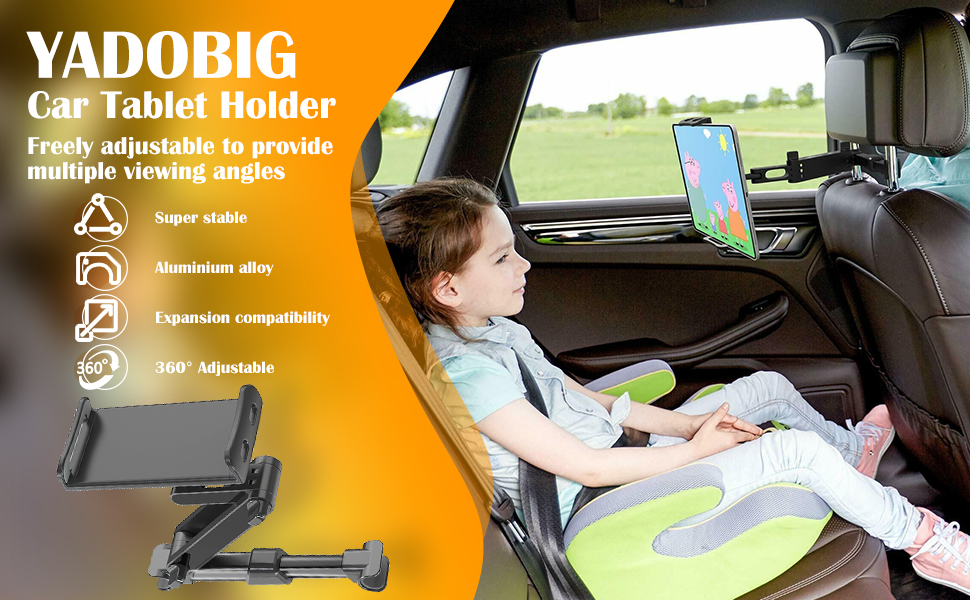 Тримач для планшета в авто: кріплення на підголівник, 360° обертання, сумісний з iPad, Switch, Kindle (4.7-13 дюймів), чорний