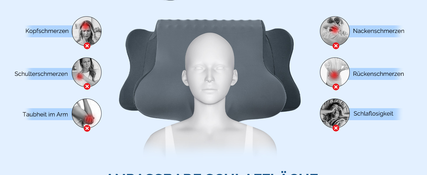 Подушка для шиї FAIORD, подушка з піною з пам'яті, ергономічна подушка для сну, подушка для підтримки шиї для тих, хто спить на боці, спині та животі, темно-сіра, 64 x 39 x 13 см