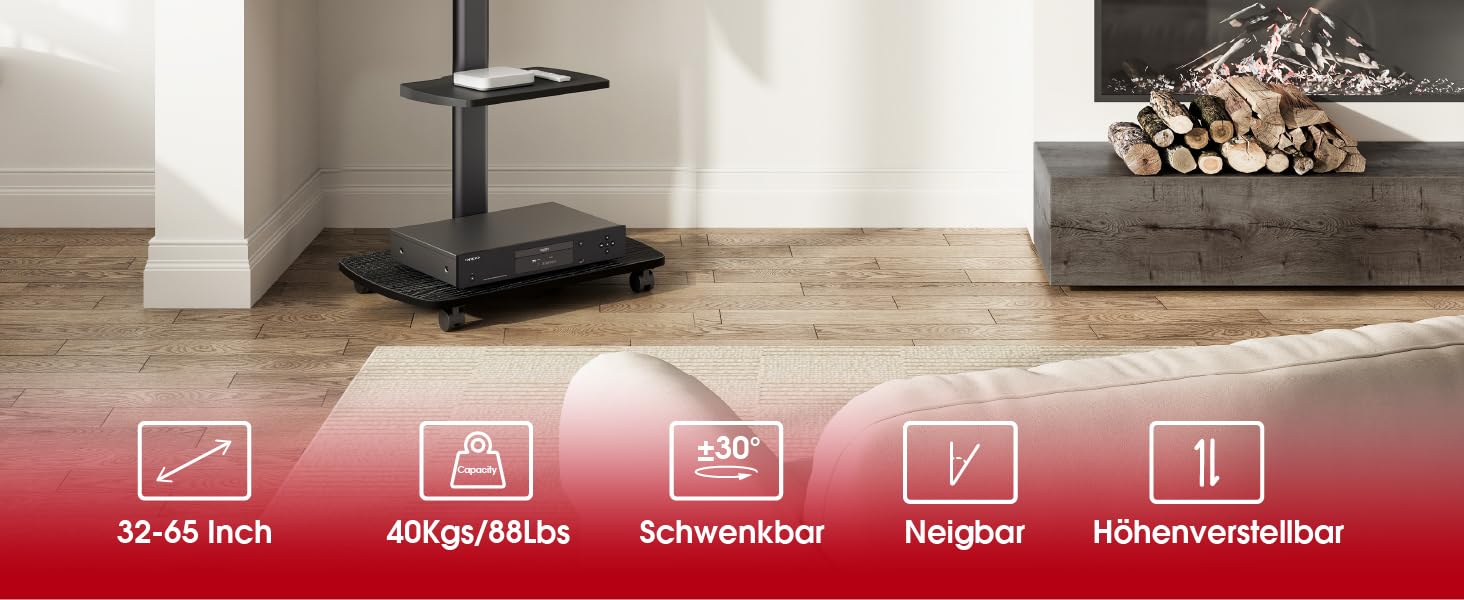 AOKCOS Rolling TV Stand with Wood Shelf - Adjustable Height & Swivel - Fits 32-65 inch TVs (up to 40kg, VESA 400x400mm)
