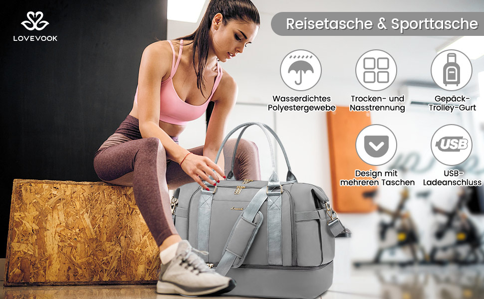 Спортивна сумка LOVEVOOK для подорожей, жіноча дорожня сумка-мішок, Weekender з косметичкою, відділенням для взуття та мокрих речей, водонепроникна, 37L, сіра