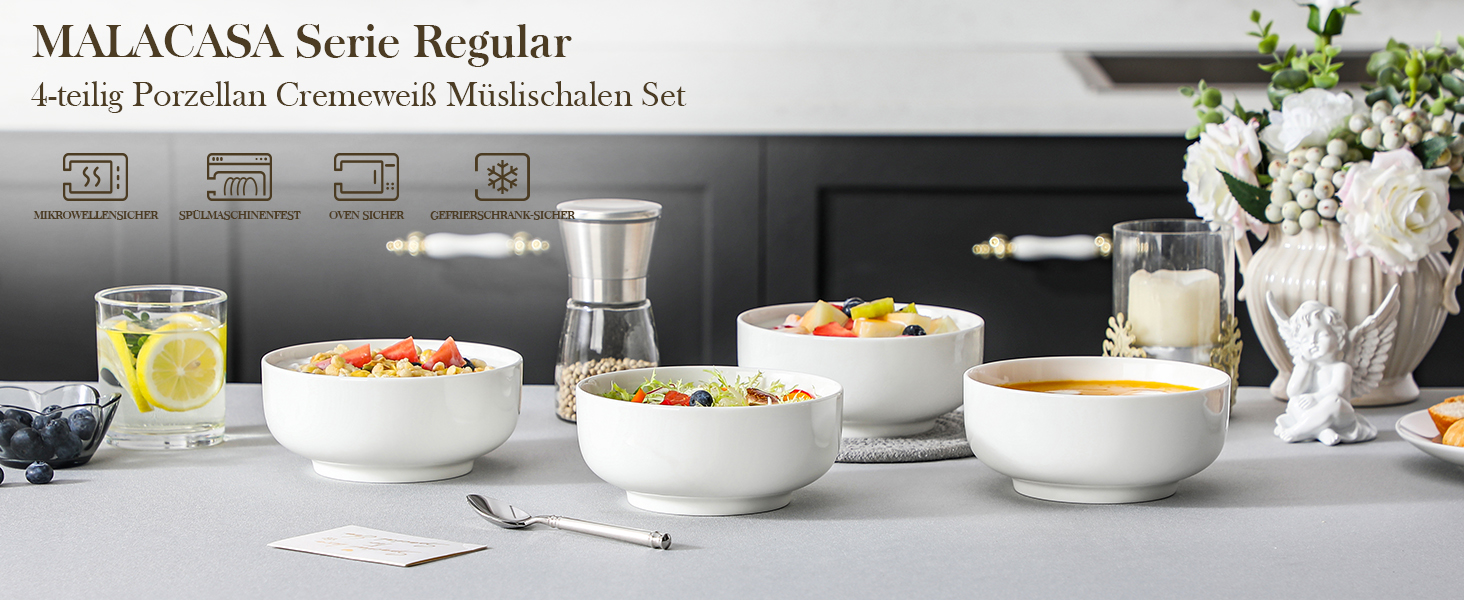 Набір з 4 великих порцелянових мисок MALACASA, 800 мл, для мюслі, супу, рамену, білий