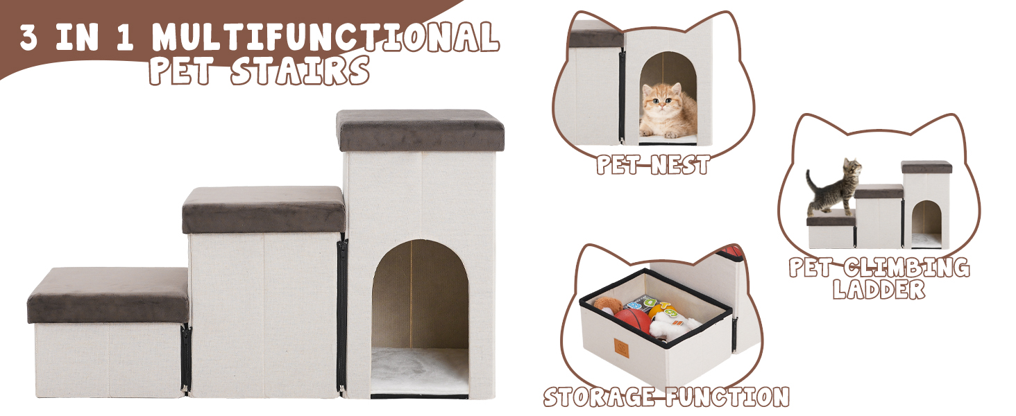 Сходинки для собак на 3 сходинки, 44 см, з місцем для зберігання, для ліжка/софи, для котів, для літніх тварин, губка, хатня тварина, бежевий колір