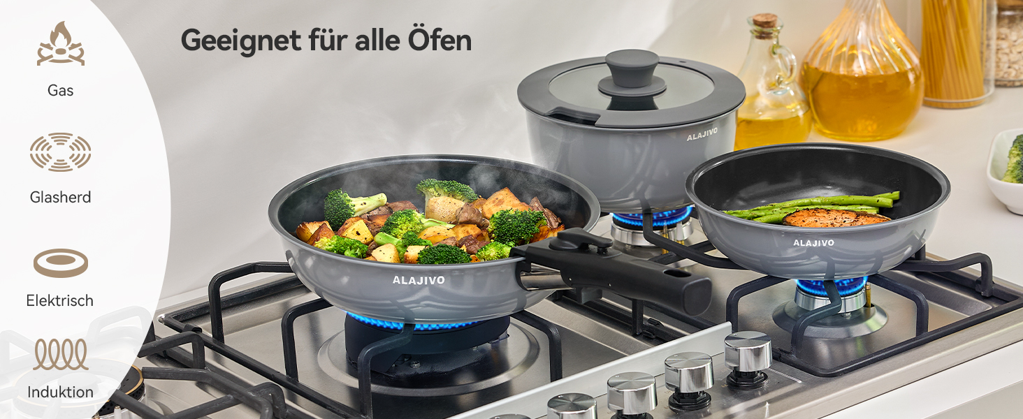 Набір посуду 9-ти частинний з знімним ручками, антипригарне покриття, керамічна сковорода, набір каструль з кришками, для всіх типів плит, безпечний у духовці (сірий)