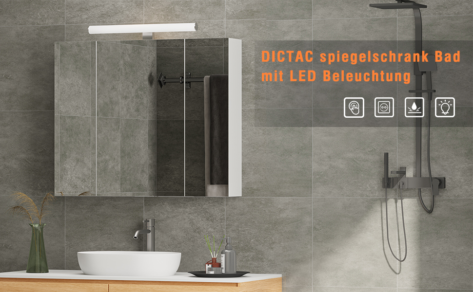 Дзеркальна шафка для ванної кімнати Dictac з LED-підсвічуванням, розеткою та вимикачем світла 70x15x60 см (ШxГxВ). Шафка з трьома дверцятами, шафка-дзеркало для ванної, навісна шафка, дзеркало для ванної кімнати, білий колір.