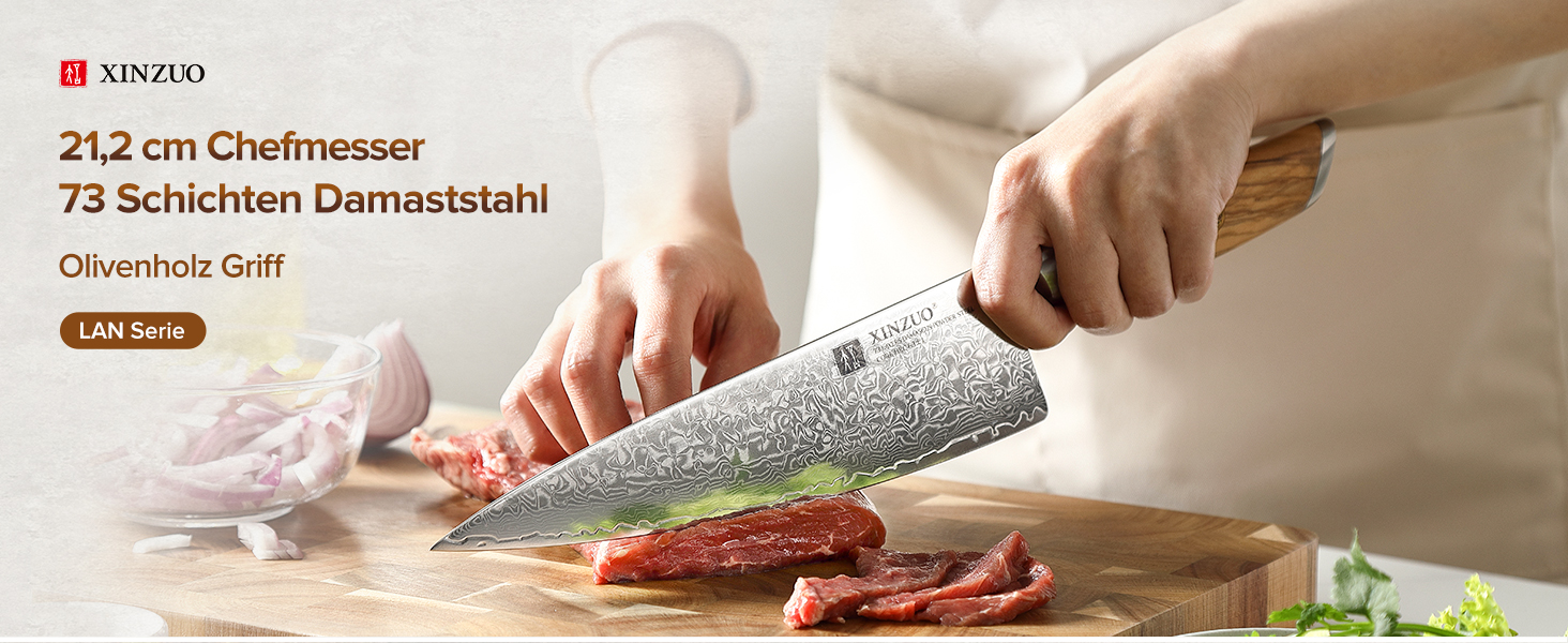 Професійний шеф-ніж XINZUO Lan Series Gyuto 21.2 см, кований дамаск із порошкової сталі (73 шари), ергономічна ручка з оливкового дерева