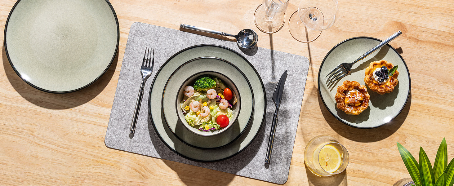 Набір посуду з каменю GBhome на 6 осіб (18 предметів), ручна робота, реактивна глазур, мікрохвильова та посудомийна машини, набір тарілок та мисок Desret Salbei