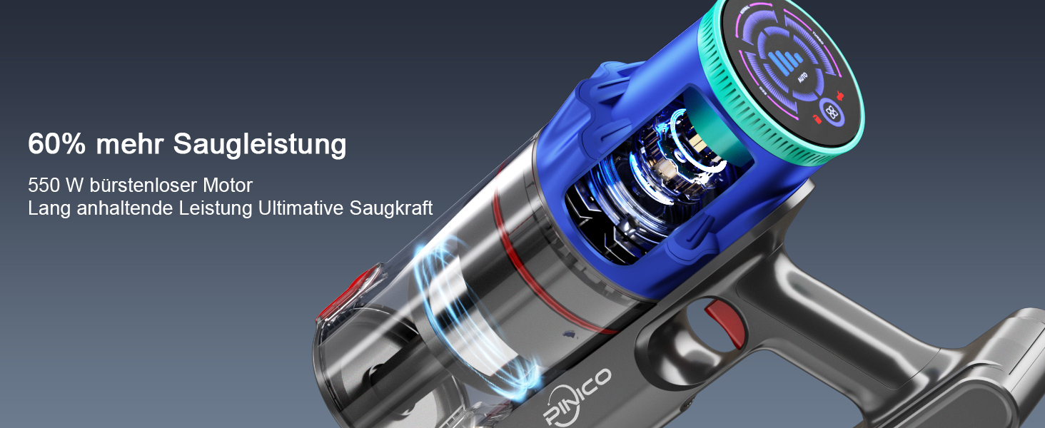 PINICO Бездротовий акумуляторний пилосос 550W з автоматичним режимом та щіткою Anti-Tangle, для твердих підлог, килимів та шерсті тварин (Blue+grey)