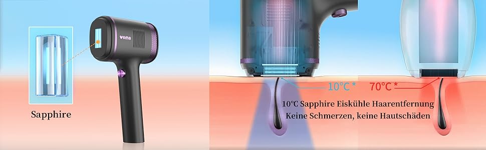 Пристрій для епіляції IPL з сапфіровим наконечником, охолодженням та 500 000 імпульсів світла. 2 насадки для обличчя, тіла, зони бікіні та пахв. Постійне видалення волосся. Violett