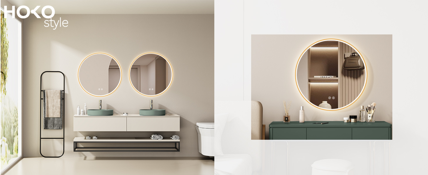 Дзеркало для ванної кімнати HOKO ULM 60см з підсвічуванням LED, антизапотівачем та сенсорним вимикачем, кругле, золото (60x60 см)