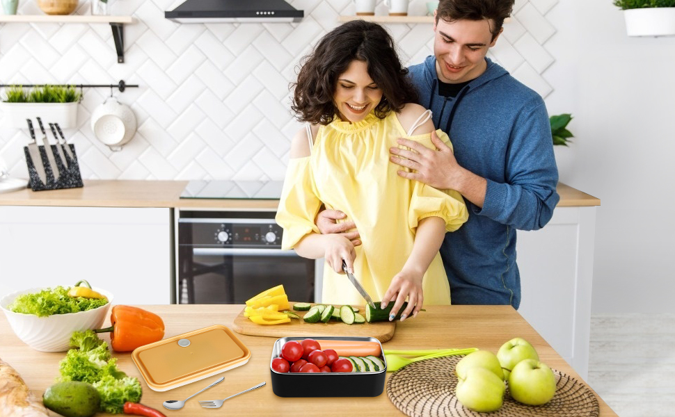 HOLIPOT Ланчбокс Bento Box з роздільниками, 2 рівні, з нержавіючої сталі та PP, з набором столових приборів та сумкою, для дітей та дорослих (Чорний)