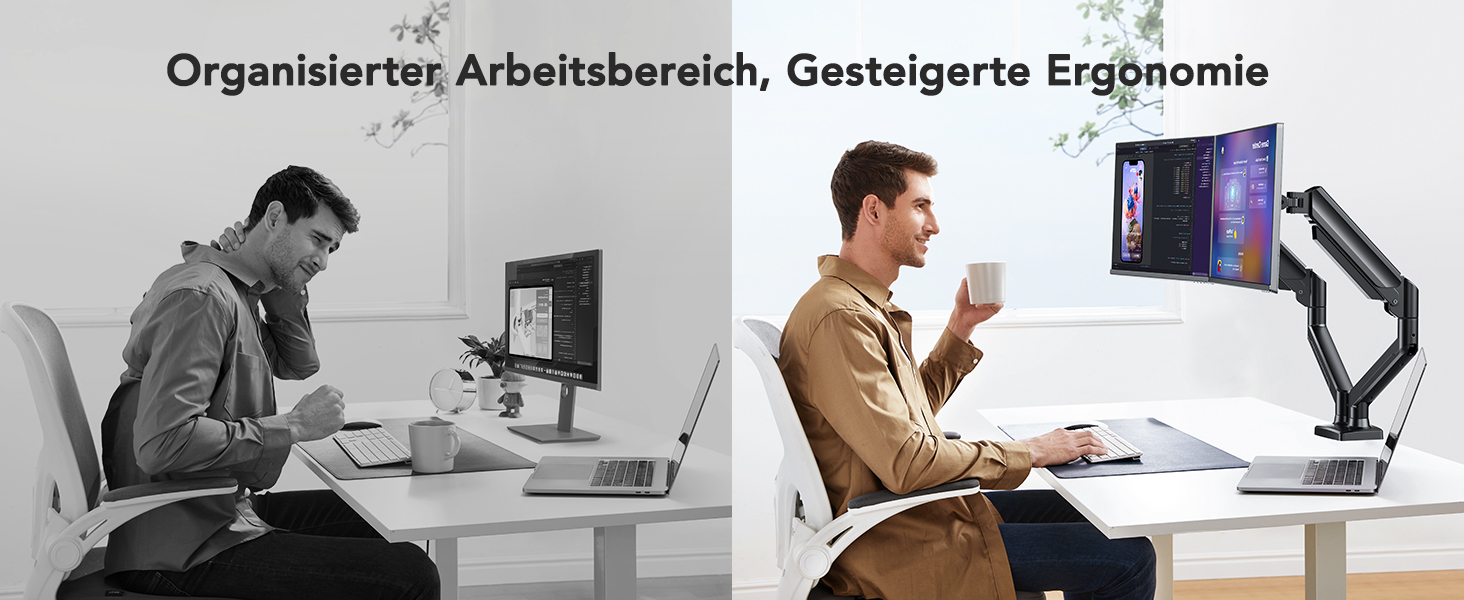 Кріплення для монітора HUANUO на 2 монітори, стабільне та ергономічне, до 32 дюймів, регульована висота, нахил та поворот, VESA 75/100, до 10 кг на кріплення