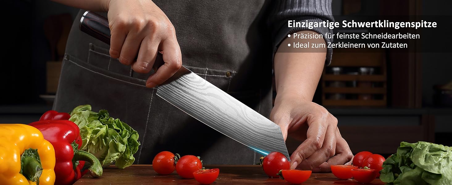 Японський ніж Santoku від Paudin, 20 см, Kiritsuke, з високоякісної сталі, ергономічна ручка, для м'яса, риби та овочів