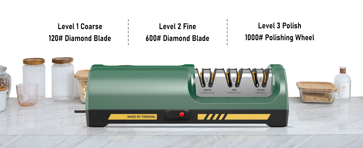 Електричний точило для ножів 3 ступені алмазних шліфрісків, 15° прецизійна кутова направляюча, для заточування та полірування сталевих та керамічних кухонних ножів, 120/600/1000 гріт