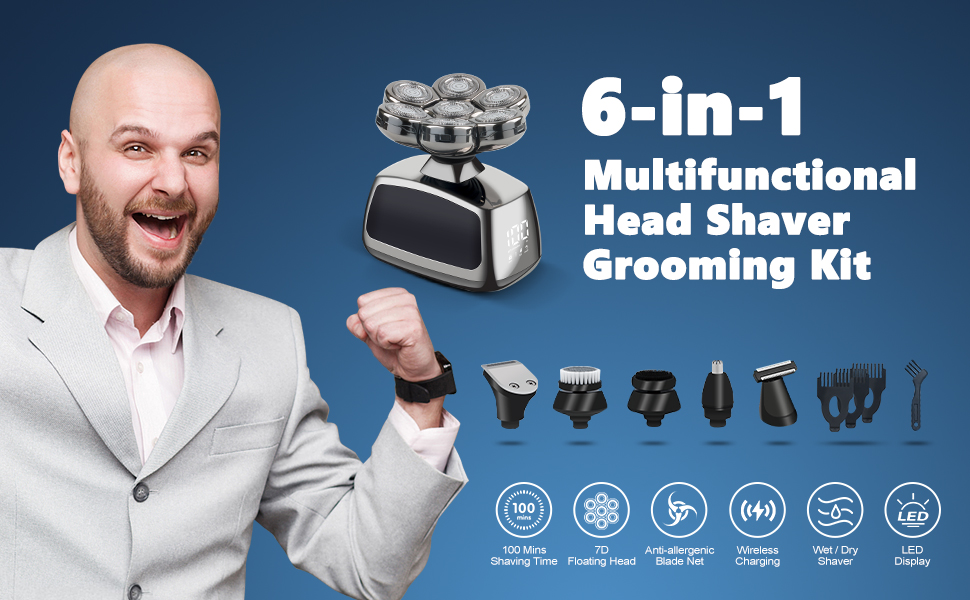 Електрична машинка для гоління голови Qhecomce 6-в-1, чоловіча, з 7 плаваючими головками, для сухого та вологого гоління, чорна