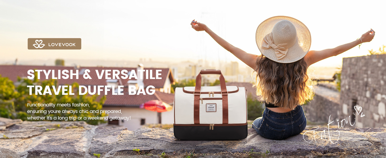 Спортивна сумка LOVEVOOK 37L для подорожей: Weekender, Duffel, Carry-on з відділенням для взуття та мокрих речей, водонепроникна, для відпочинку, авіаперельотів (L, Бежево-чорно-коричнева)
