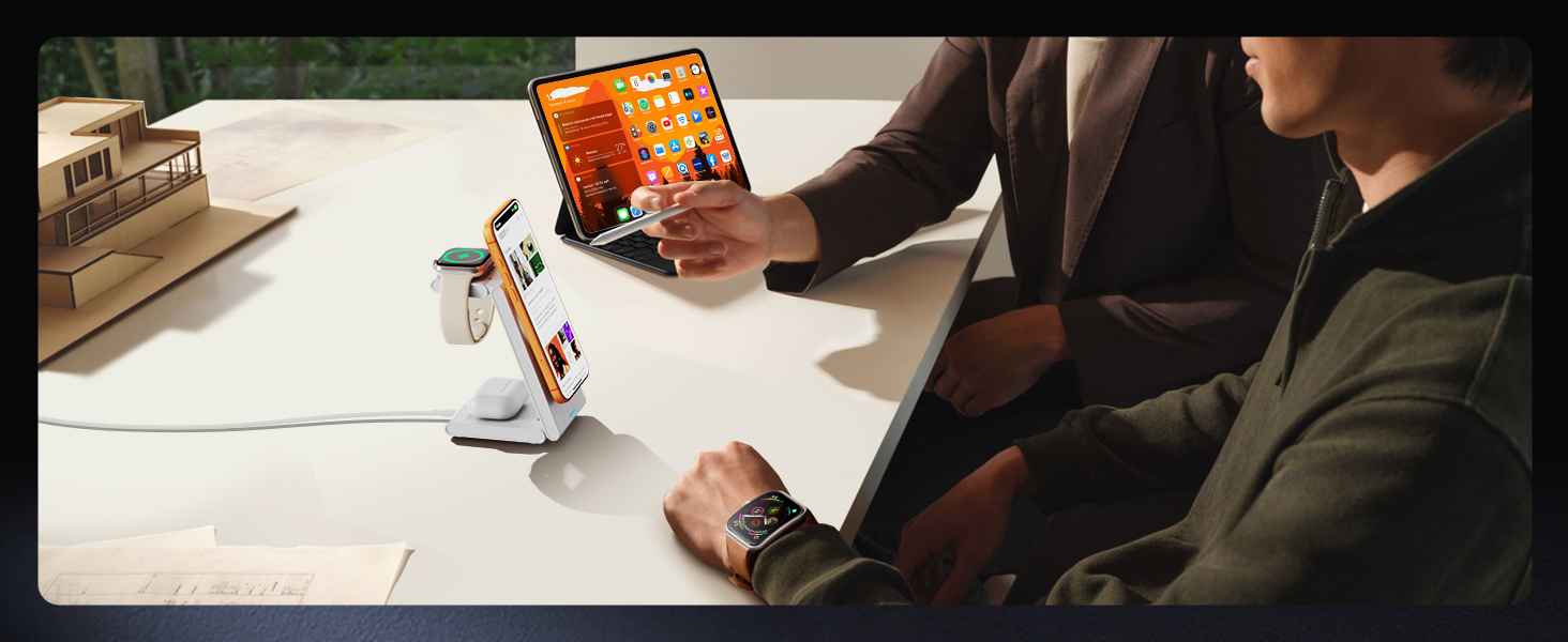 Зарядний пристрій 3-в-1 GEEKERA MagSafe для Apple Watch, iPhone (12-17) та AirPods, бездротова зарядка, матовий білий