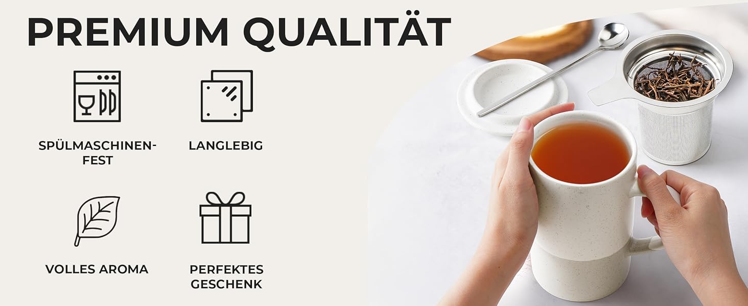 Набір чайних чашок Miamio 2 x 500 мл з кришкою та ситом, з чайним ситечком та ложкою, для заварювання листового чаю, подарунок для жінок, сумісний з мікрохвильовою піччю та посудомийною машиною (сірий)