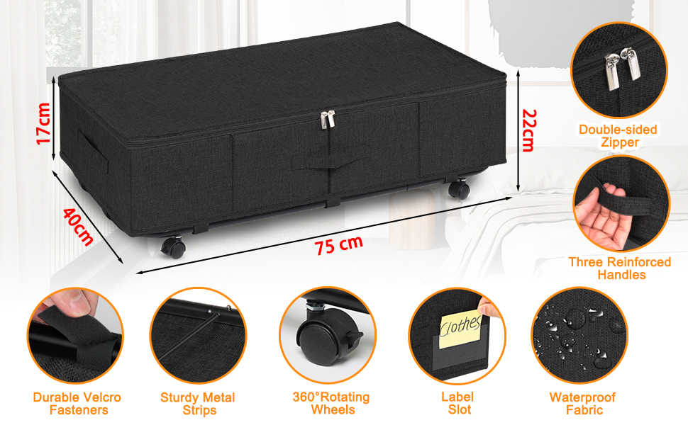 Підліжкова комода на колесах 50л, 2 шт. Складна підліжкова комода з кришкою та блискавкою, велика підліжкова система зберігання на колесах чорного кольору з металевою основою для одягу, ковдр, постільної білизни