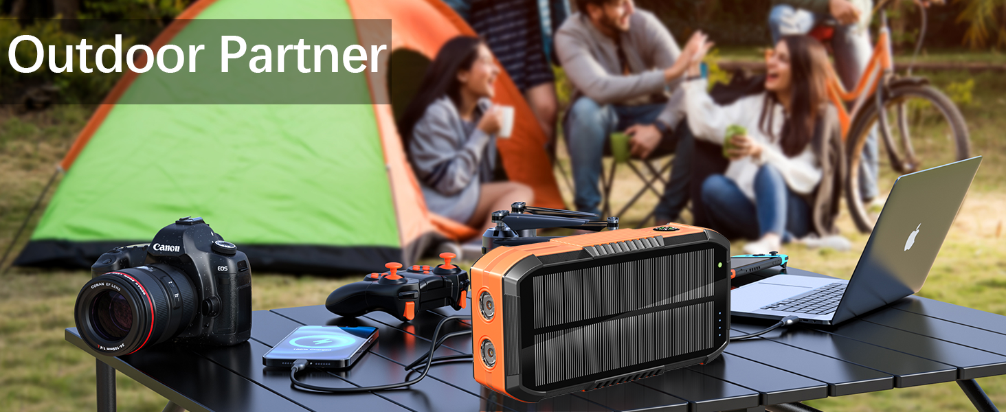 Портативний зарядний пристрій 70000mAh з сонячною панеллю: Power Bank з PD 30W, бездротова зарядка, 6 виходів USB, ліхтарик, компас, ручка для підзарядки, для кемпінгу та активного відпочинку, помаранчевий