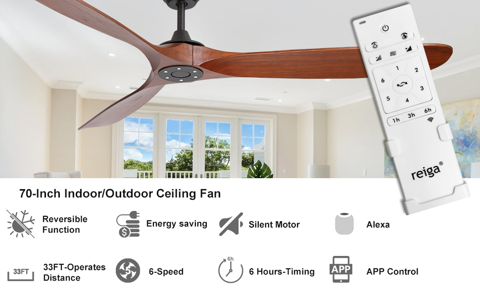Стелянка вентилятор Reiga з дерева, 165 см, DC-двигун, керування пультом та Smart Home, 6 швидкостей, колір коричневий, для приміщень/зовнішнього використання, 3 лопаті, без освітлення