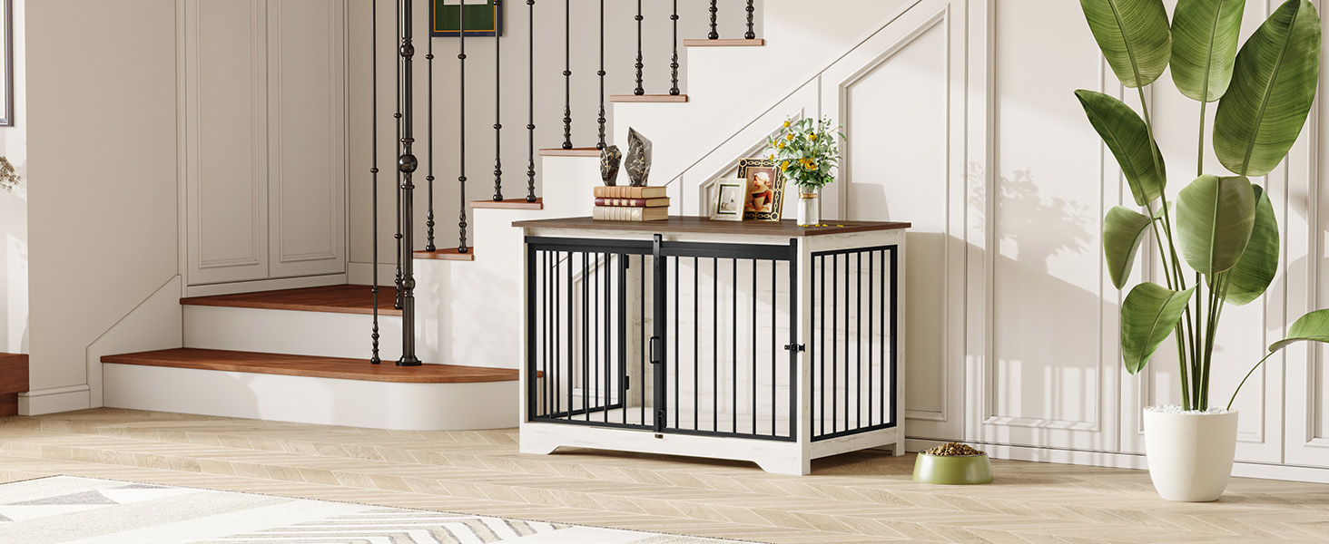 Клітка для собак Hzuaneri, 100 см, дерев'яна, з розсувними дверима, для дому, для маленьких/середніх/великих собак, 100 x 60 x 68 см, білий/коричневий колір