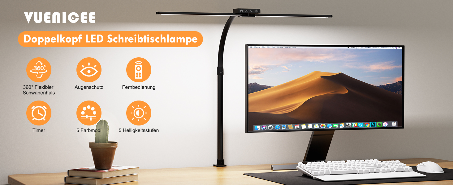 Світлодіодна лампа VUENICEE для столу з регулюванням яскравості та пультом дистанційного керування, 20W, кріплення-прищіпка, офісна лампа, 5 режимів кольору та яскравості, гнусий