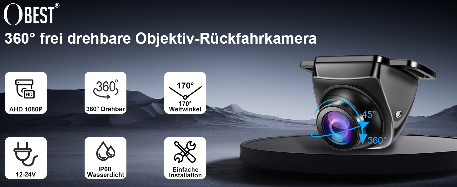 Автомобільна камера заднього виду OBEST AHD 1080P, 360° обертання, IP68, нічне бачення, широкий кут 170°, універсальна 12V для авто, вантажівки, фургона, пікапа