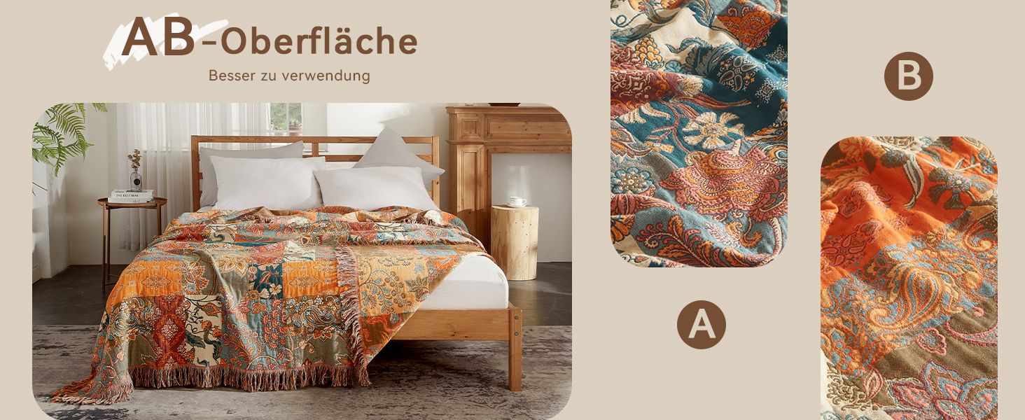 Богемна ковдра Boho Decke 100% бавовна – двостороння муслінова ковдра 150x200 см, м'яка ковдра для дивану та покривало на ліжко, естетичний дизайн, ідеально для вітальні та спальні, помаранчевий/зелений 150 x 200 см з квітковим візерунком