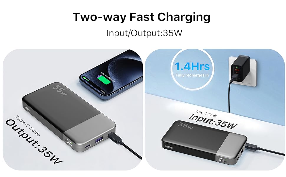 Power Bank Nobis 10000mAh 35W з USB-C кабелем та цифровим дисплеєм (блакитний)