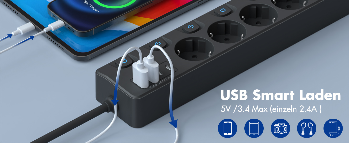 Багаторозетка на 5 розеток з індивідуальними вимикачами, KEPLUG, з USB, захист від перенапруги, для стіни, 2 м, чорна