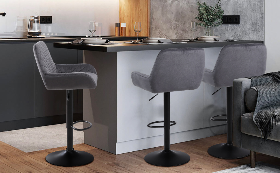 Ralex Velvet Bar Stools 2-Pack - Adjustable Swivel Bar Chairs with Backrest & Armrests for Kitchen, Bar & Counter (Gray)